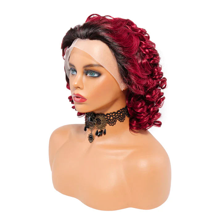 13x1 1B/99J Bouncy Curly Human Hair Wigs 200 Density Lace Frontal Wig Short Curly Wigs For Women