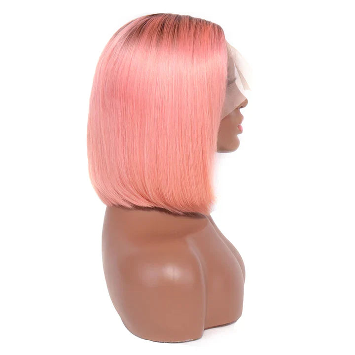Cacaolux Lace Front Wigs Human hair T1B/Rose Pink Colored Short Bob Wig 13x4x1 T-Part Pre Plucked Middle Part 150% Density Wig for Women